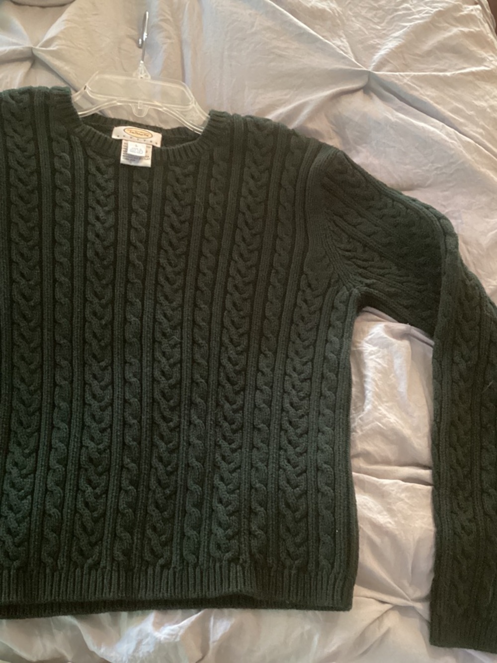 Talbots sweater Dark Green Cable Knit Crewneck cotton Large petite (fits smaller - Picture 7 of 8